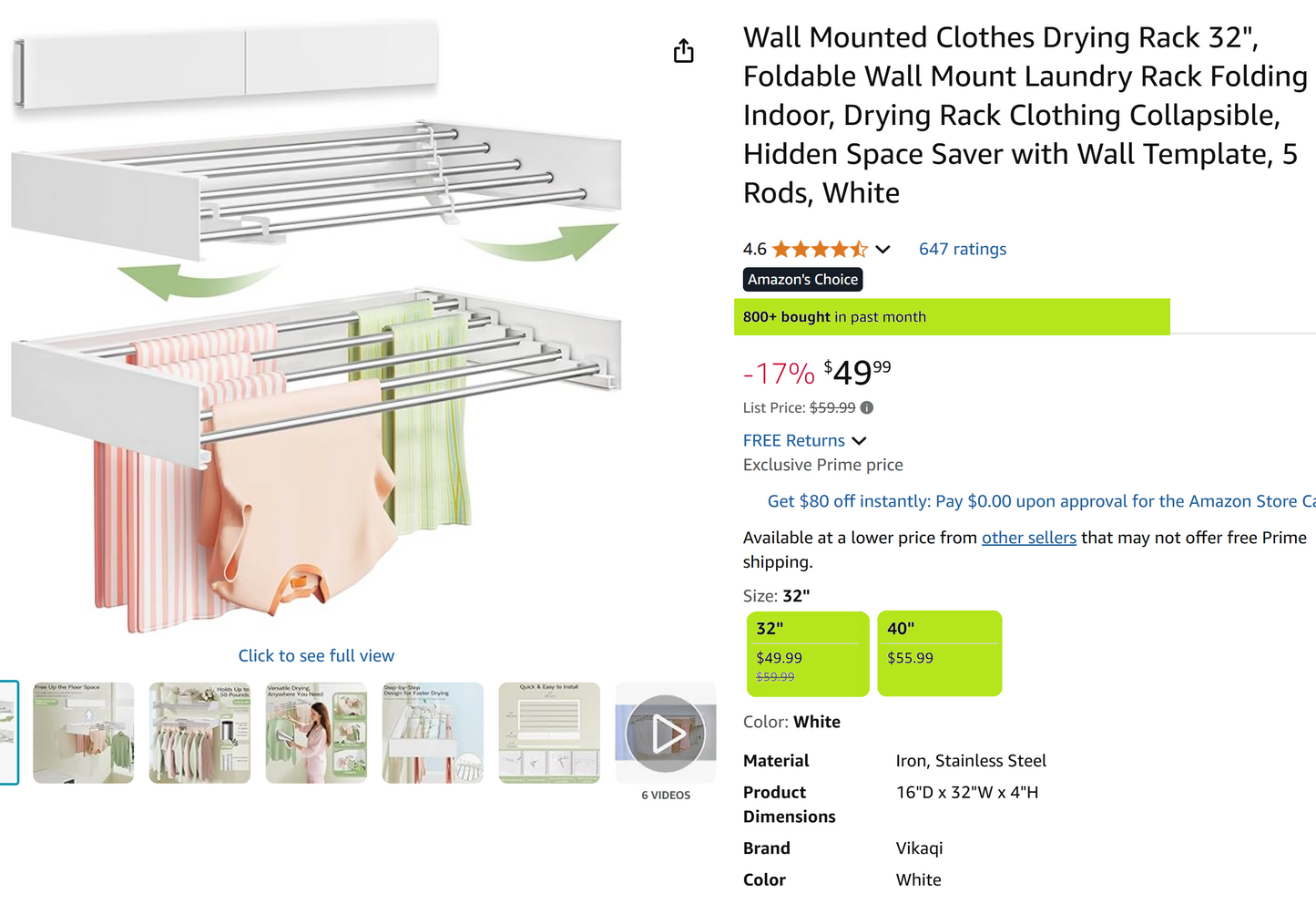 Wall Mounted Foldable Clothes Drying Rack 30.25", Foldable Towel Rack