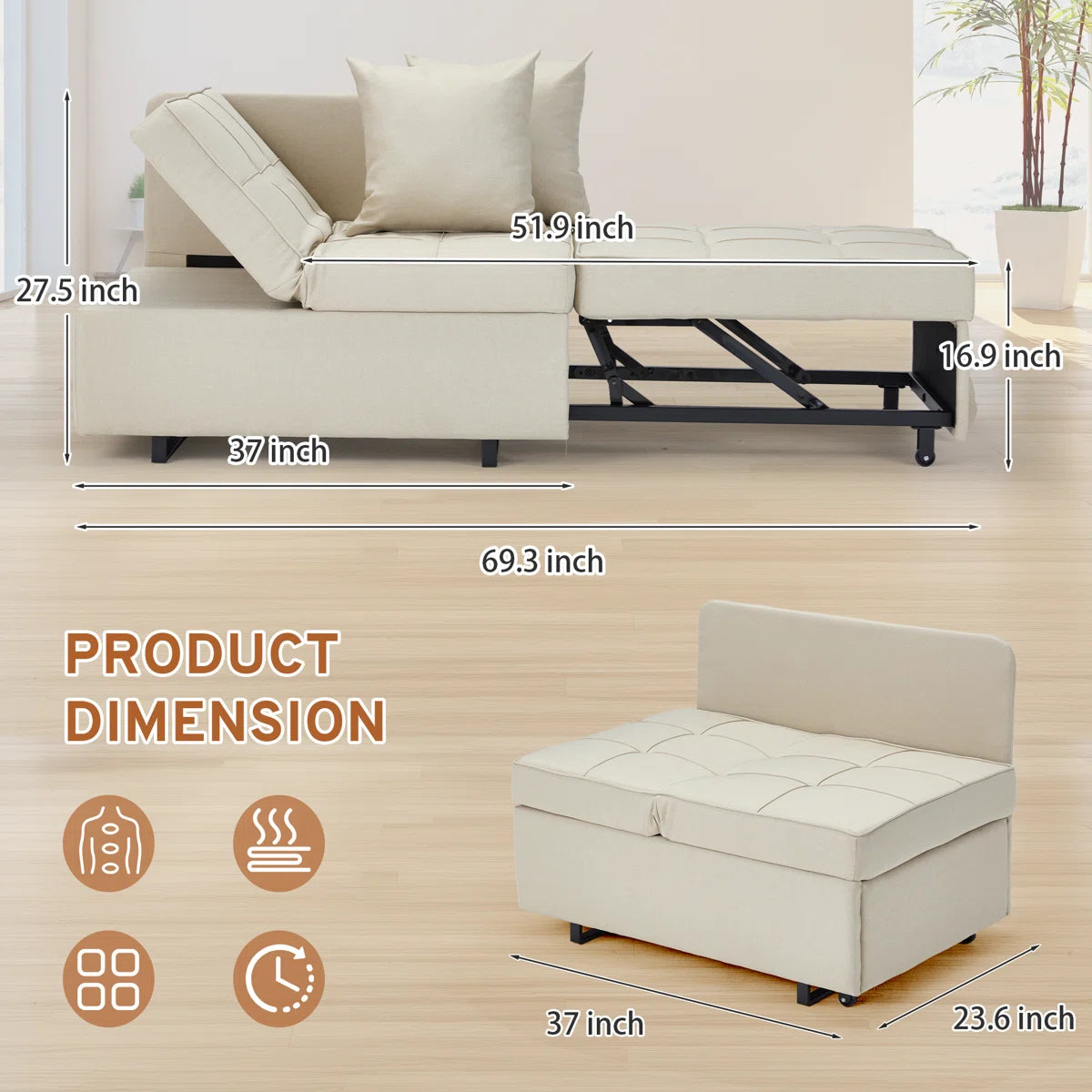 70" Sleeper Sofa, Bed, Recliner Upholstered Convertible For Living Rooms