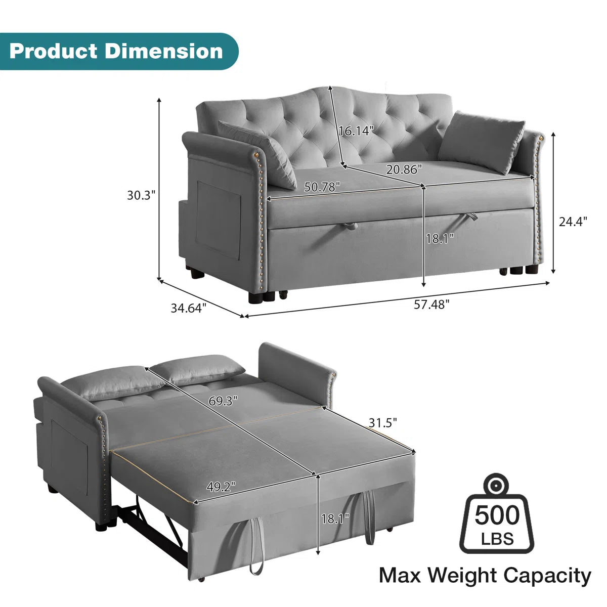 Latitude 57.5" Modern Velvet Sleeper Sofa Bed