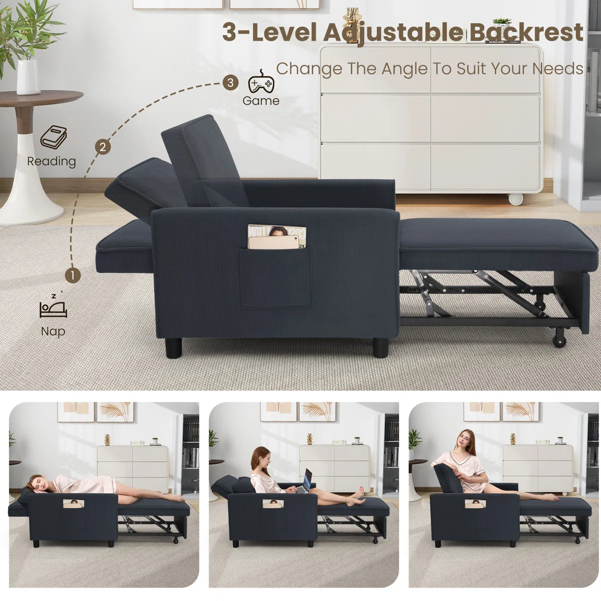 Robscott 30.3'' Corduroy Reclining Sleeper Sofa