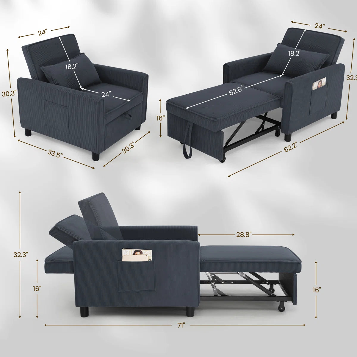 Robscott 30.3'' Corduroy Reclining Sleeper Sofa