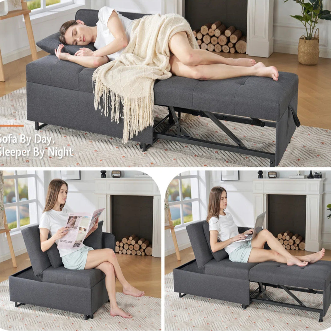 Sofa Bed 3-In-1 Convertible Sleeper Chair With Adjustable Backrest