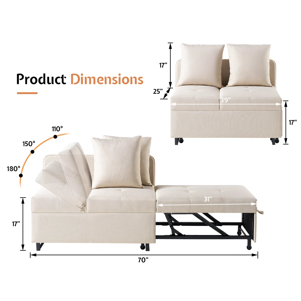 Sofa Bed 3-In-1 Convertible Sleeper And Chair With Adjustable Backrest
