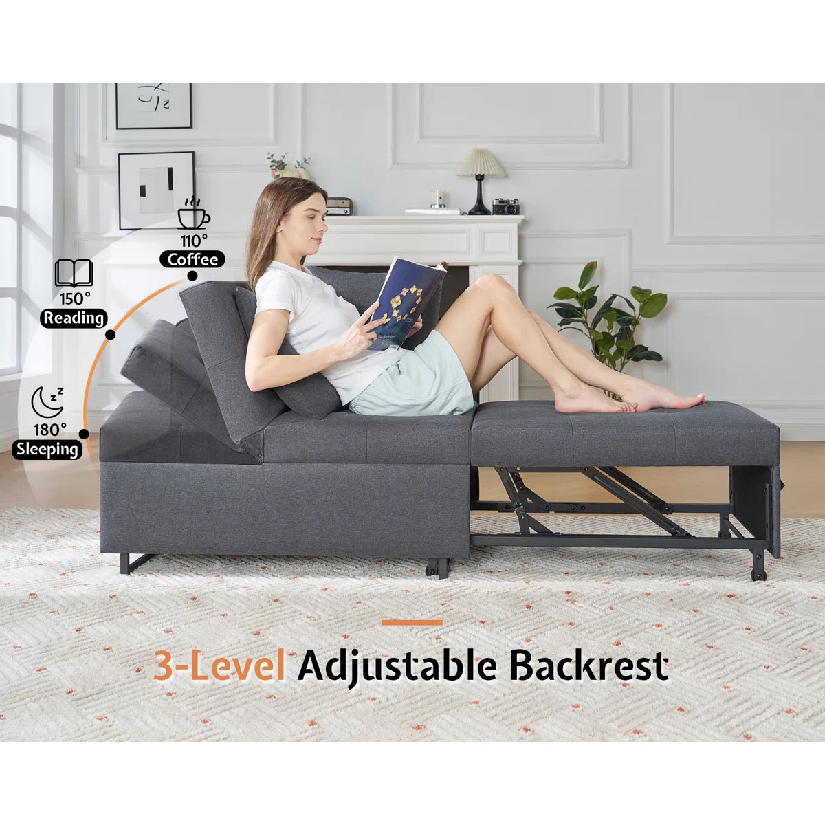 Sofa Bed 3-In-1 Convertible Sleeper Chair With Adjustable Backrest