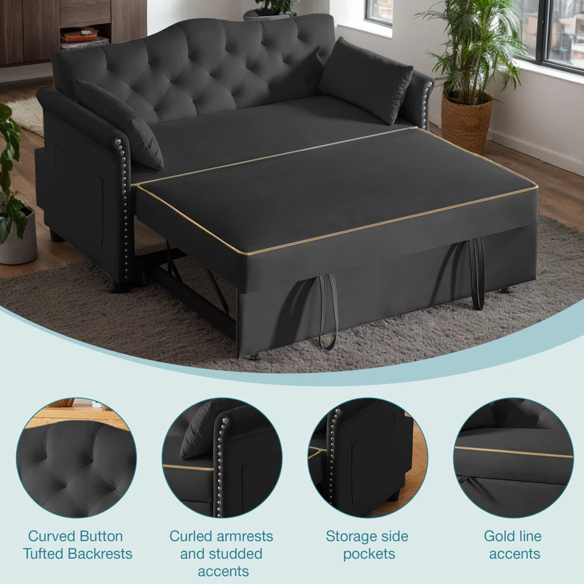 Latitude On 57.5" Modern Velvet Sleeper Sofa Bed