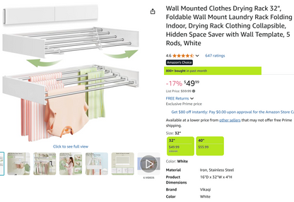 Wall Mounted Foldable Clothes Drying Rack 30.25", Foldable Towel Rack