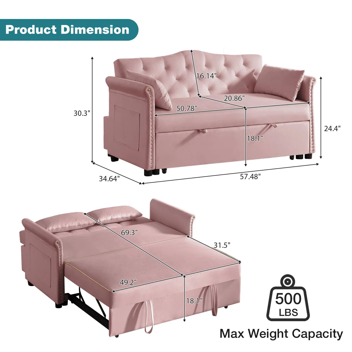 Latitude Run 57.5" Modern Velvet Sleeper Sofa Bed