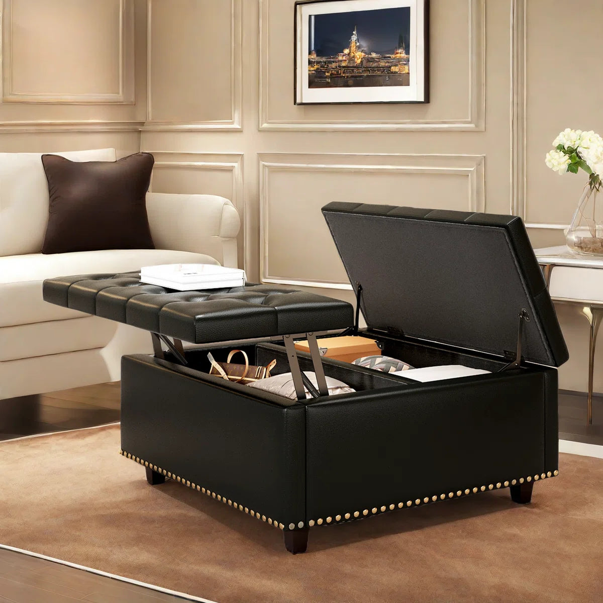 Leather Lift Top Coffee Table with Storage Space