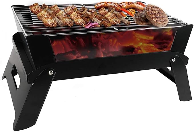 Black Foldable Outdoor Barbecue Grill With Stainless Steel Grilling Mesh