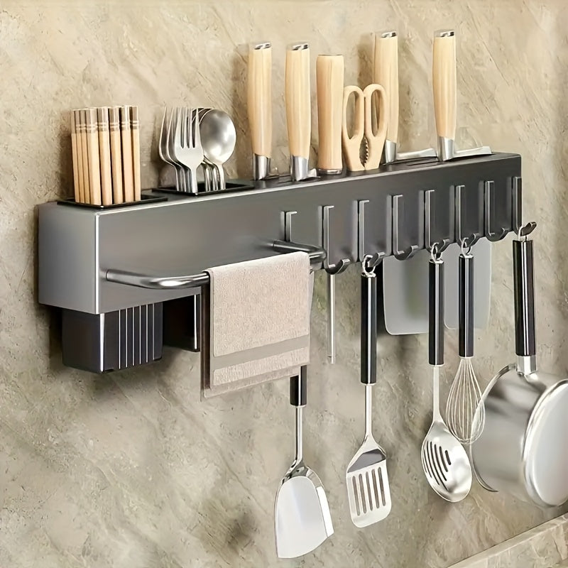 Kitchen Organizer Rack Wall-Mounted with Hooks for Knives, Chopping Boards & Utensils