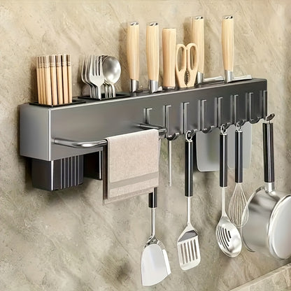 Kitchen Organizer Rack Wall-Mounted with Hooks for Knives, Chopping Boards & Utensils