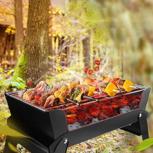 Black Foldable Outdoor Barbecue Grill With Stainless Steel Grilling Mesh