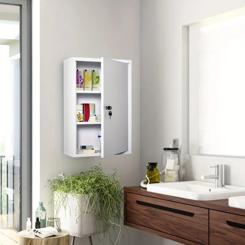 White MDF Wall-Mounted Bathroom Cabinet with Lockable Doors