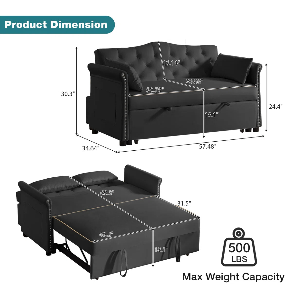 Latitude On 57.5" Modern Velvet Sleeper Sofa Bed