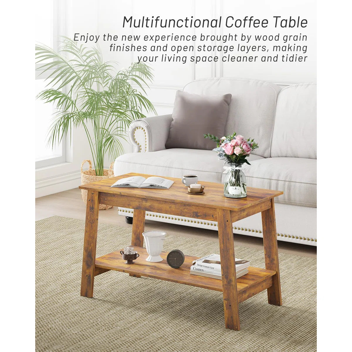 Rustic Coffee Tables With 2-Tie Open Rectangular Storage
