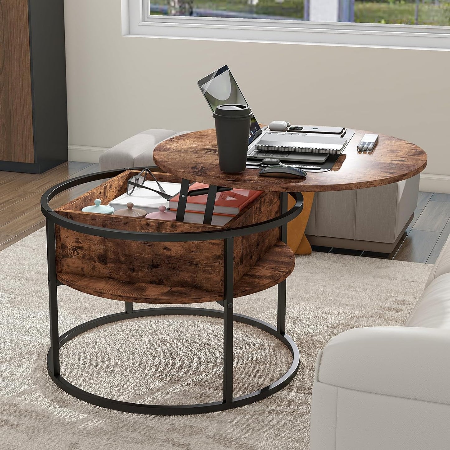 Round Top Lift Coffee Table with Prime Metal Frame