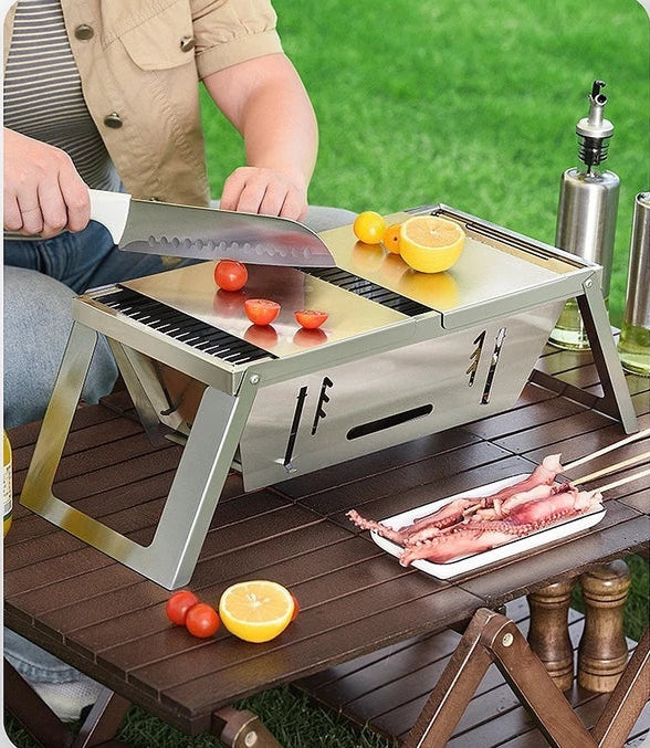 Stainless Steel Foldable Portable Camping Outdoor B.B.Q Grill With 6 Free Skewers