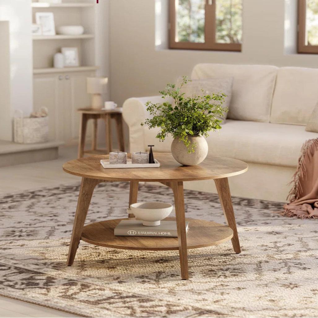 Round Coffee Table, 2 Tier With Storage, For Living Room