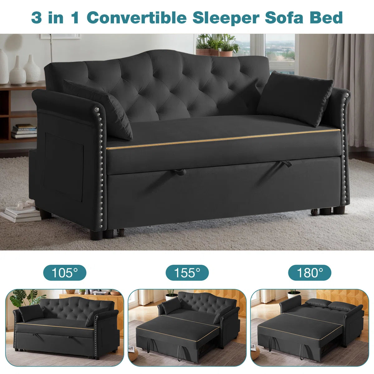 Latitude On 57.5" Modern Velvet Sleeper Sofa Bed