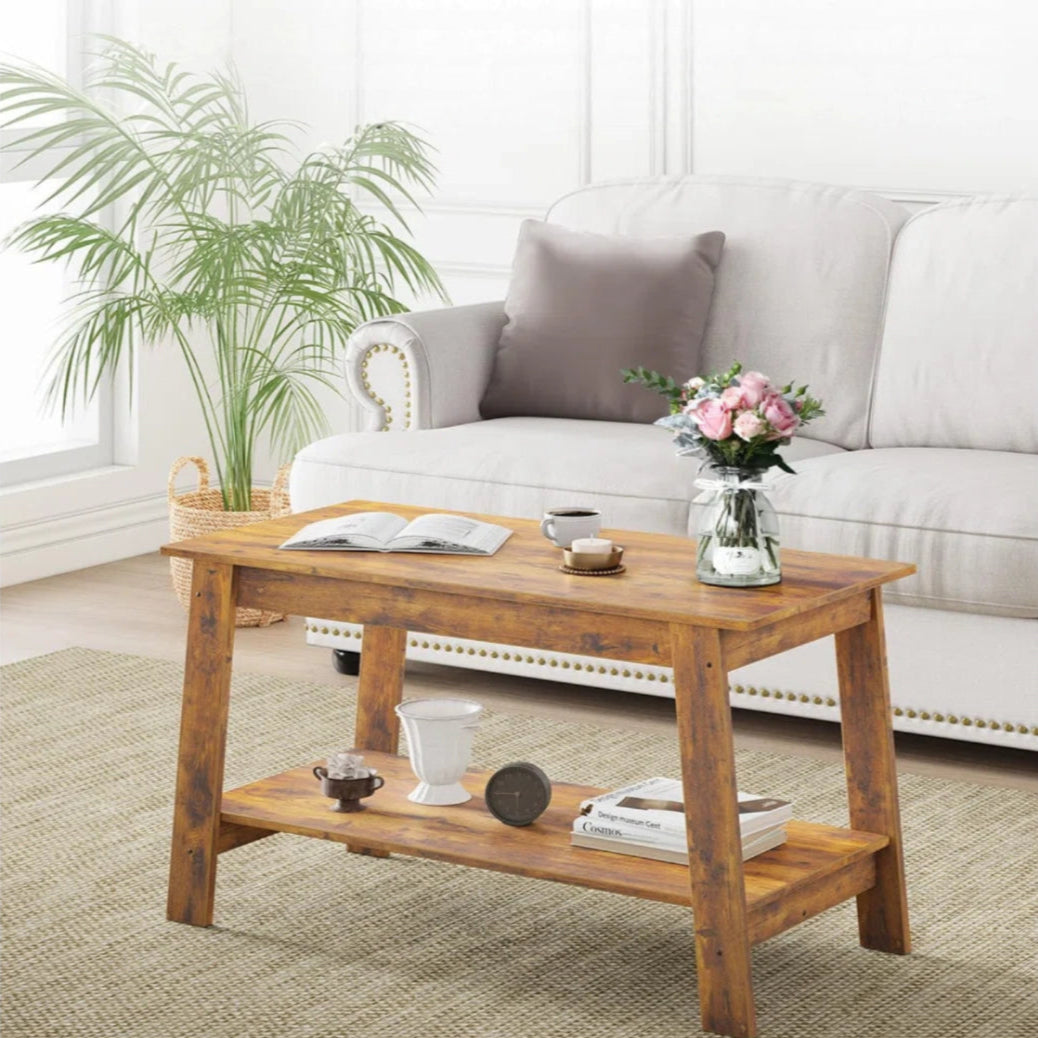 Rustic Coffee Tables With 2-Tie Open Rectangular Storage