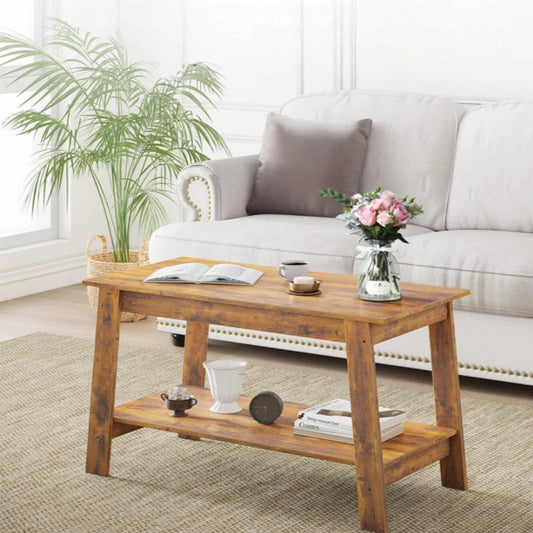 Rustic Coffee Tables With 2-Tie Open Rectangular Storage