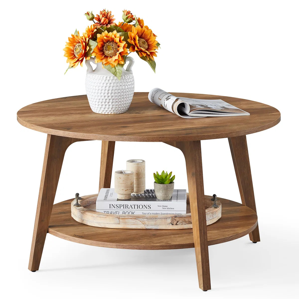 Round Coffee Table, 2 Tier With Storage, For Living Room